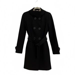 MANGO 100% Cotton Belted Trench Coat | Black Funnel Neck Peacoat | Size XS